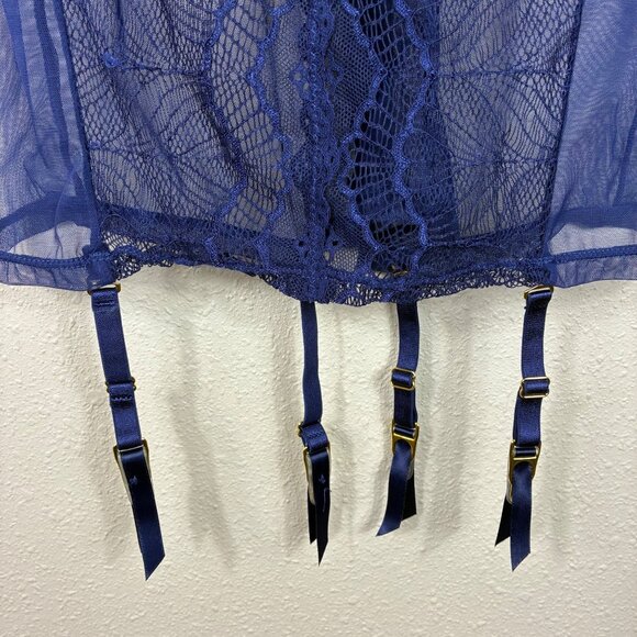 Dreamgirl Lace & Mesh Garter Slip Plunging Neckline Nocturnal Blue Sz Large - Picture 5 of 9